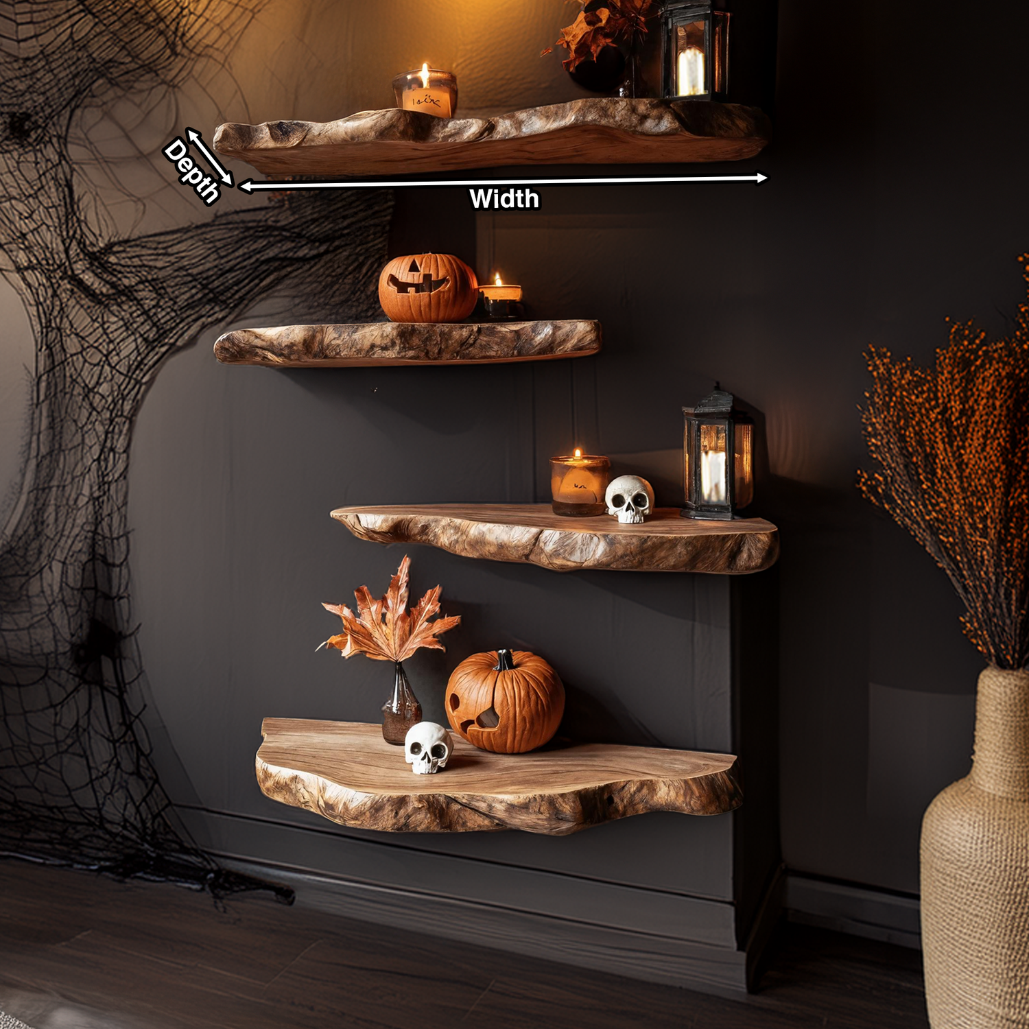 Handcrafted Live Edge Floating Shelf For Bedroom Unique Halloween Accent