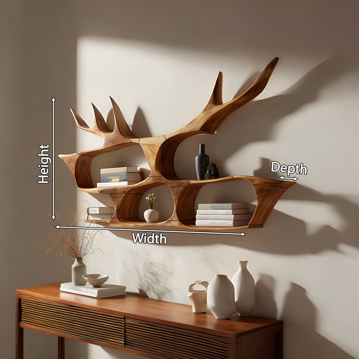 Mid Century Handcrafted Wooden Wall Mount Shelf For Entryway
