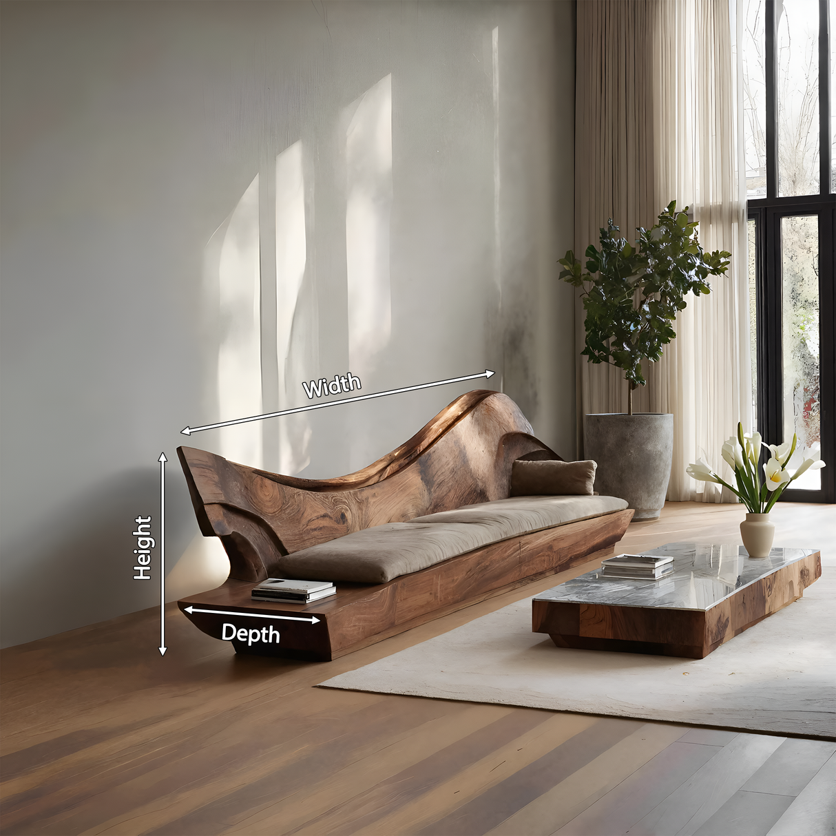 Sculptural Natural Wood Sofa With Organic Curved For Living Room