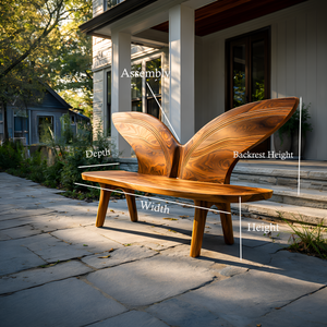 Organic Outdoor Wood Bench With Butterfly Wing Backrest For Garden