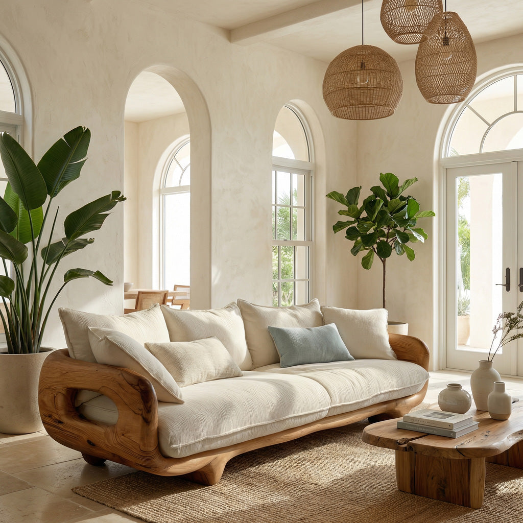 Modern Farmhouse Curved Sofa With Solid Frame For Living Room