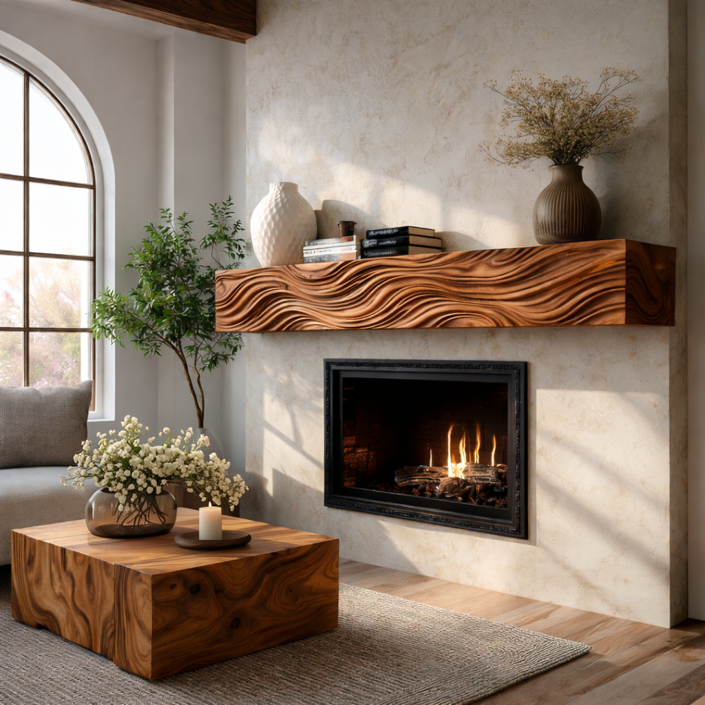 Wooden Fireplace Shelf With Wave Carved For Modern Home Decor