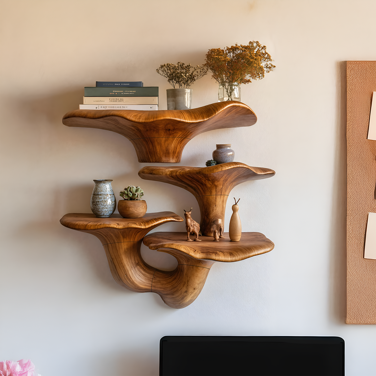 Farmhouse Wooden Live Edge Mushroom Shelf For Cozy Interior Design