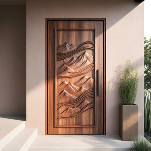 Rustic Carved Front Door With Mountain Design For Cabin Or Lodge