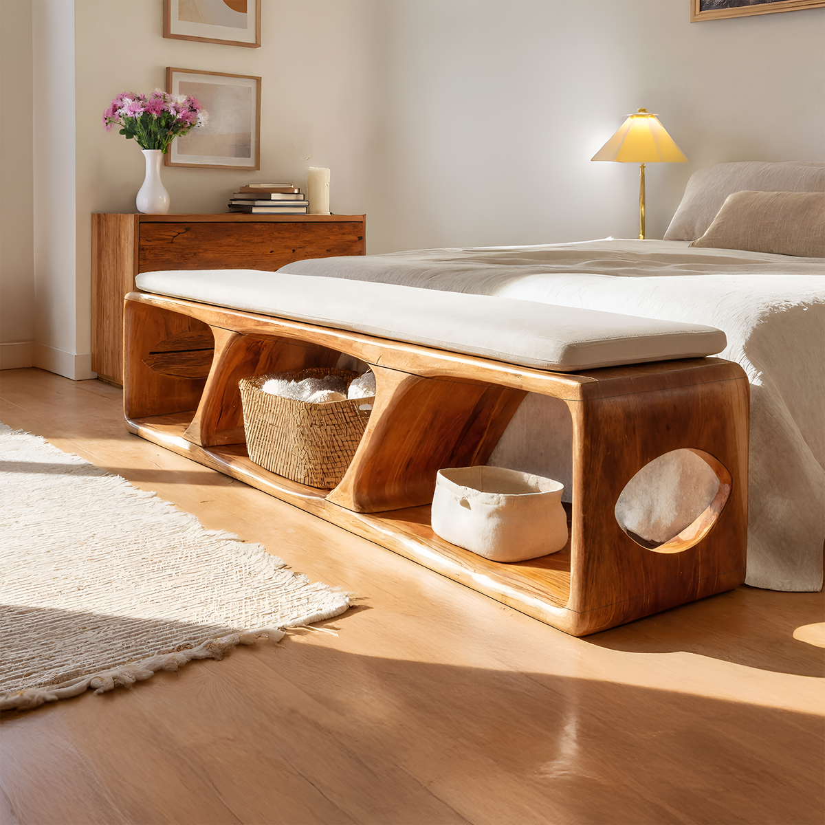 Mid Century Wood Bench For Warm Interior Spaces