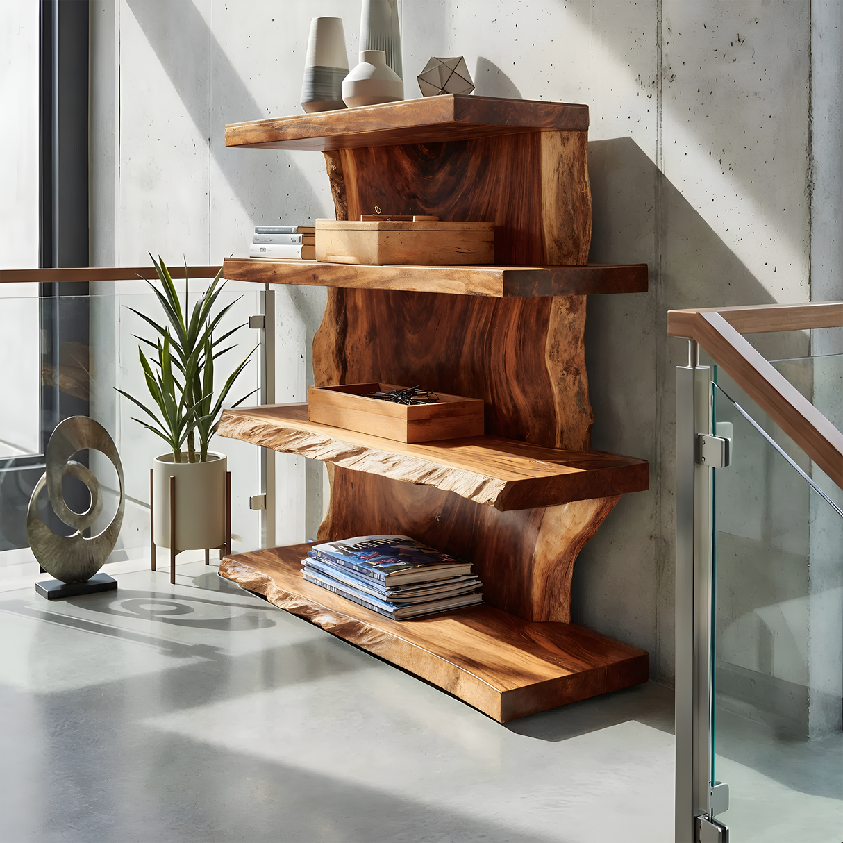 Modern Wooden Live Edge Standing Shelf For Entryway Storage Decor