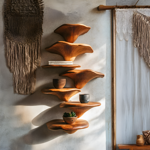 Handcrafted Solid Wood Mushroom Shelf For Organic Furniture Decor