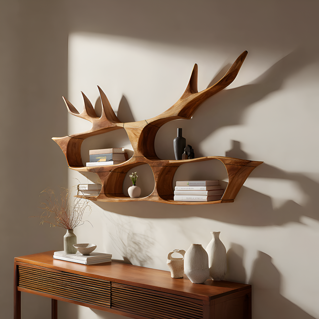 Mid Century Handcrafted Wooden Wall Mount Shelf For Entryway