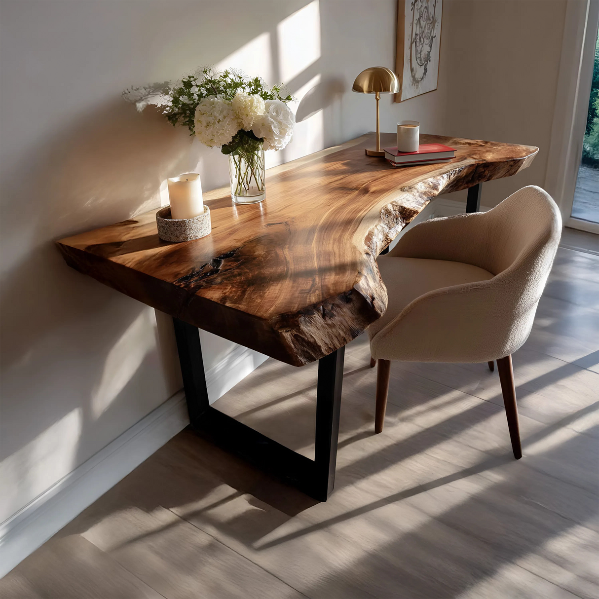 Mid Century Wooden Live Edge Desk For Living Room Decor
