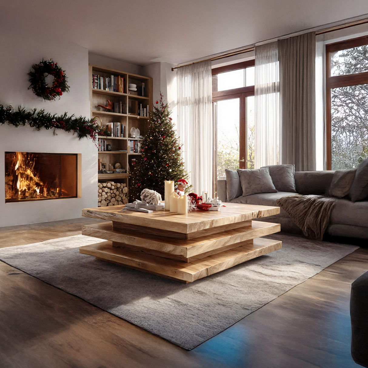 Rustic Wooden Live Edge Coffee Table For Christmas Living Room