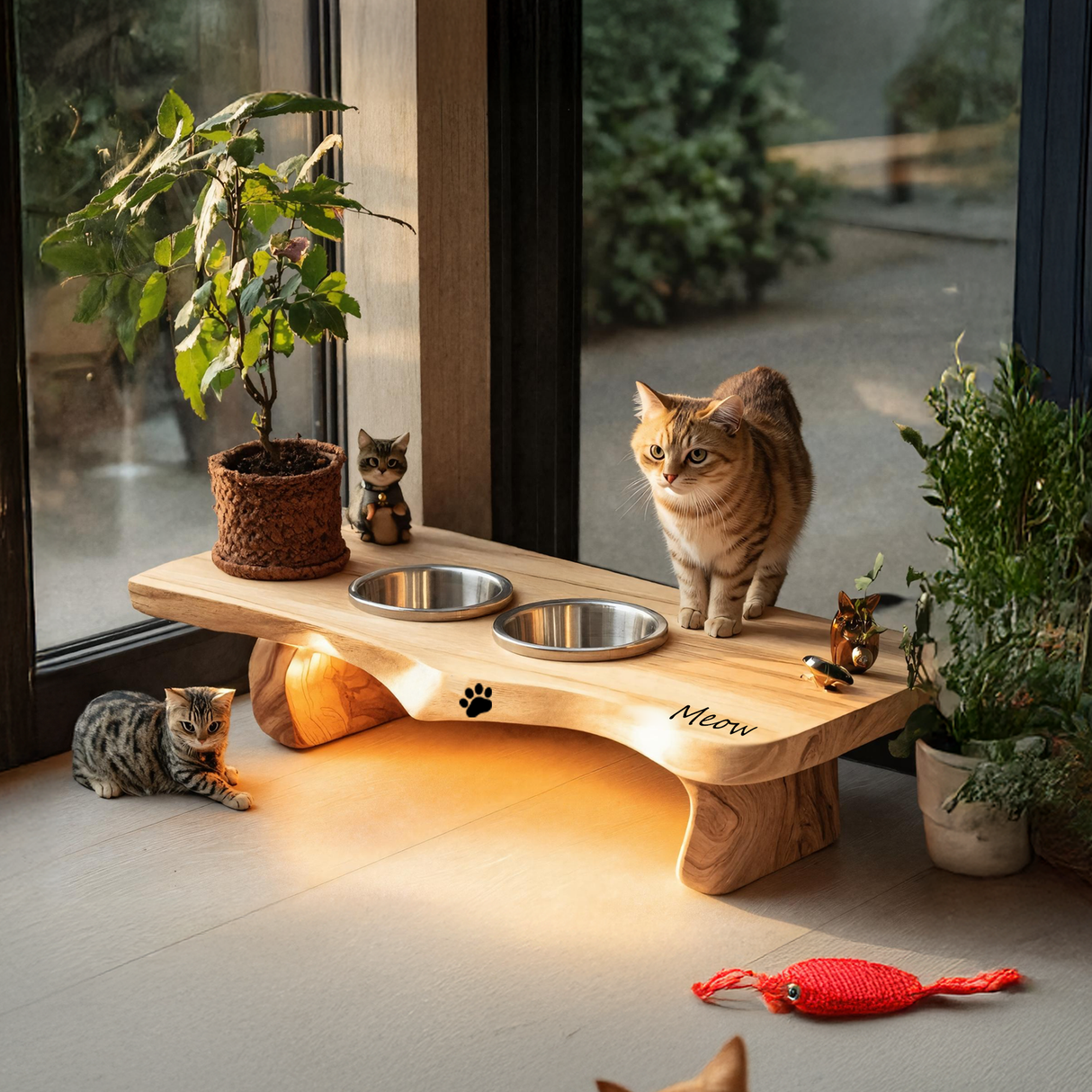 Wooden Dog Bowl Holder Rustic Style For Kitchen Decor