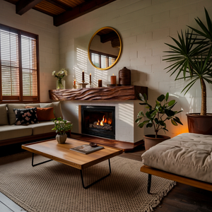 Rustic Wooden Floating Fireplace Shelf For Living Room Interior