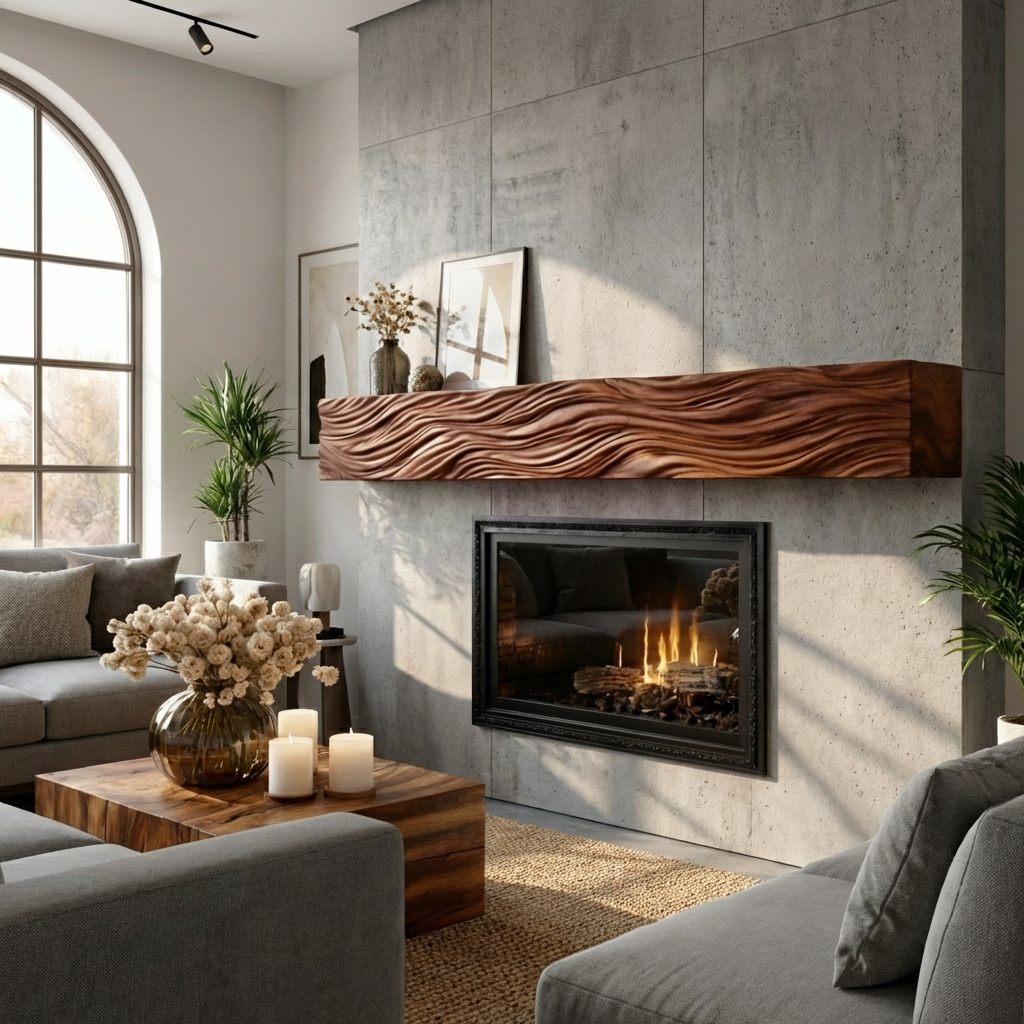 Rustic Wooden Floating Fireplace Shelf For Living Decor