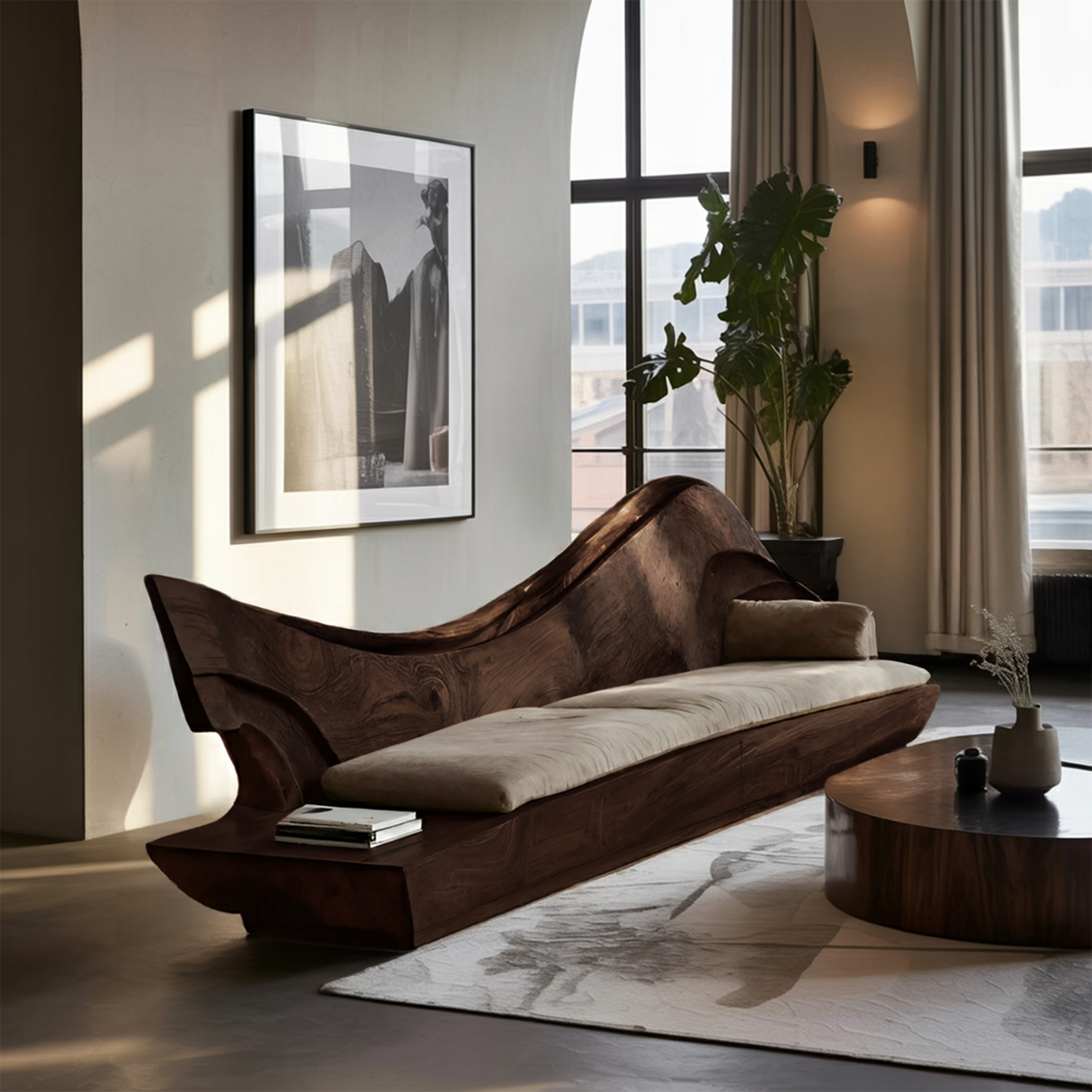 Sculptural Natural Wood Sofa With Organic Curved For Living Room