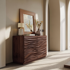 Handcrafted Sideboard Carved Wave Design For Living Decor