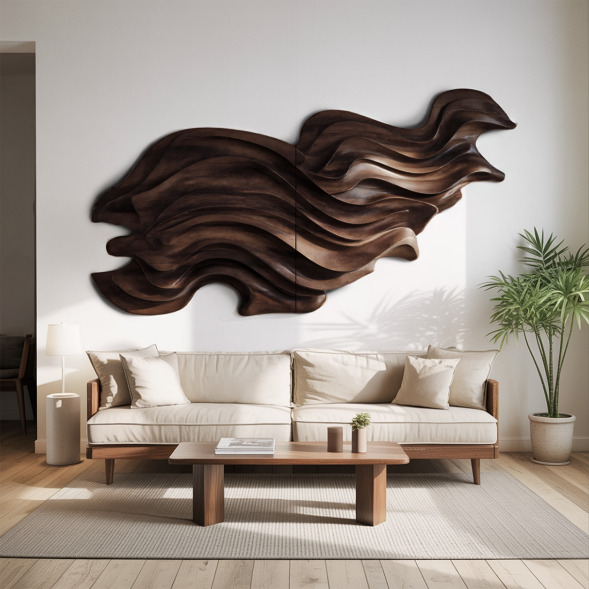 Flowing Wave Wall Sculpture With Abstract Carving For Living Room