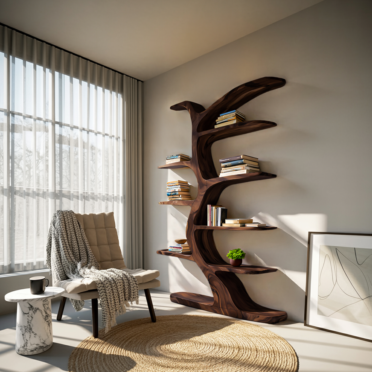 Modern Bookshelf Tree Inspired Curved Design For Living Room