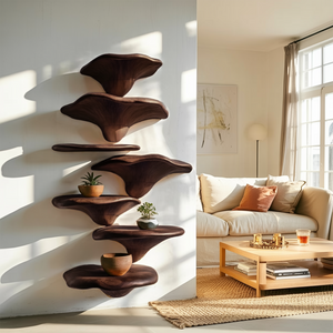 Handcrafted Solid Wood Mushroom Shelf For Organic Furniture Decor