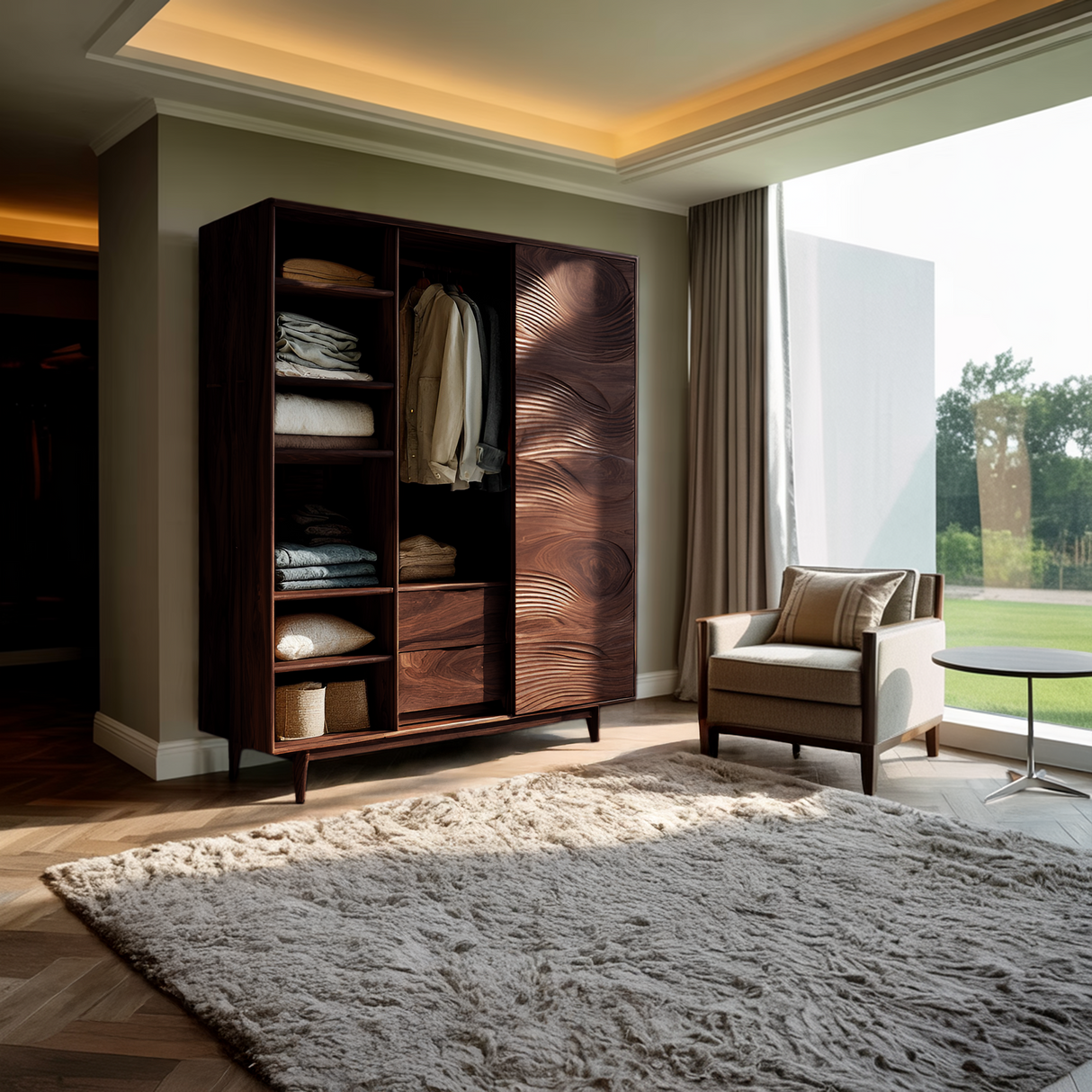 Minimal Wardrobe With Carved Front For Bedroom Space