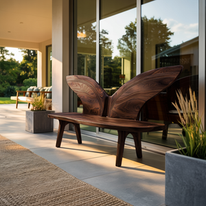 Organic Outdoor Wood Bench With Butterfly Wing Backrest For Garden