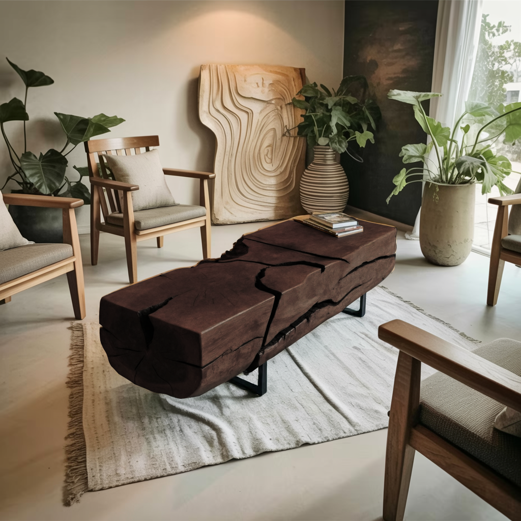 Organic Coffee Table With Charred Cracks For Living Room