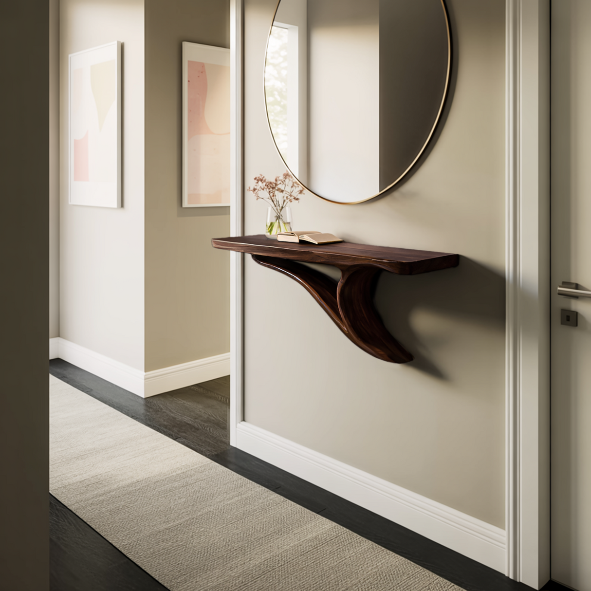 Modern Sculptural Wood Floating Shelf For Entryway Decor
