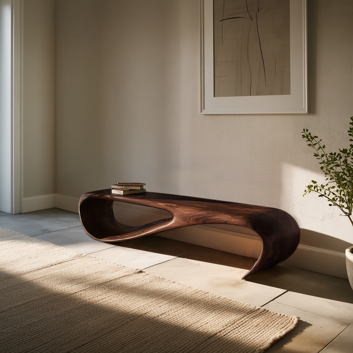Handcrafted Style Bench With Sculptural Curves For Home