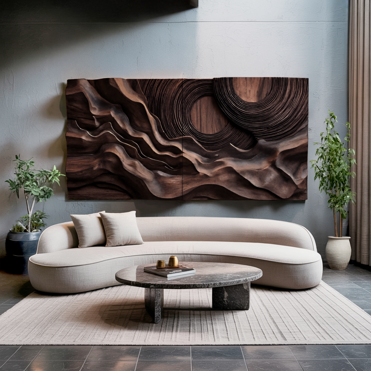 Layered Wave Wall Sculpture With Abstract Circles For Living Room