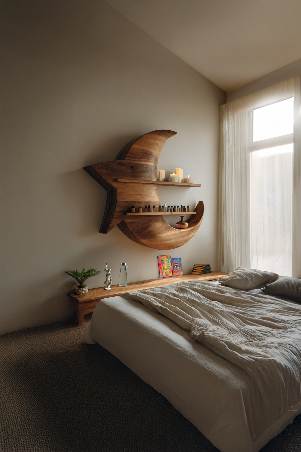 Handcrafted Moon And Star Wooden Shelf For Bedroom Decor