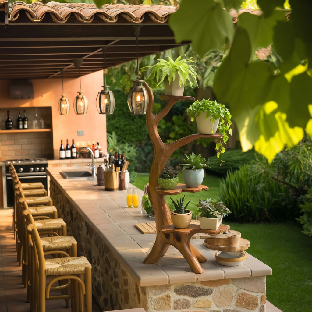 Organic Tree Branch Plant Stand For Garden And Patio Use