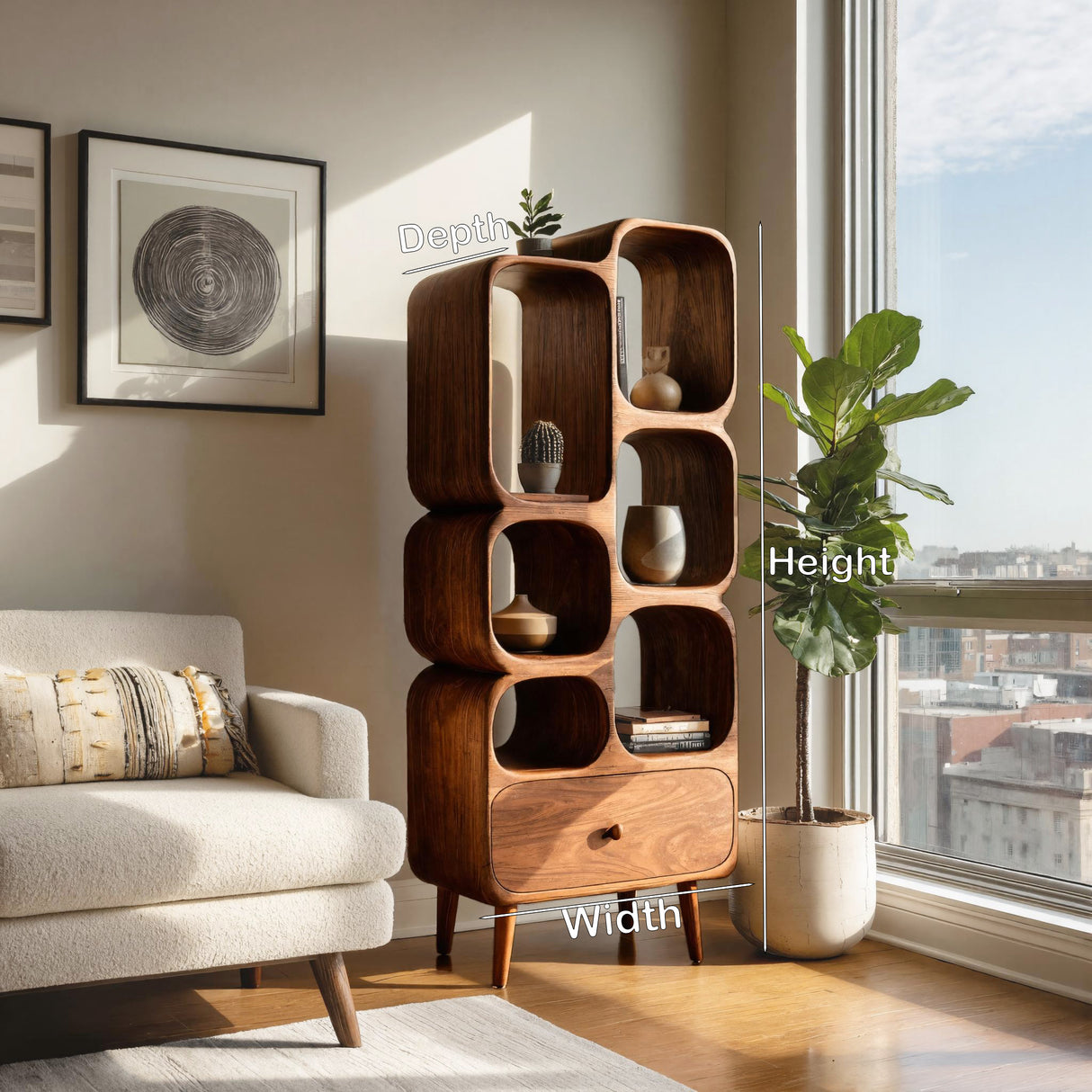 Modern Wood Bookshelf With Open Compartments For Living Decor
