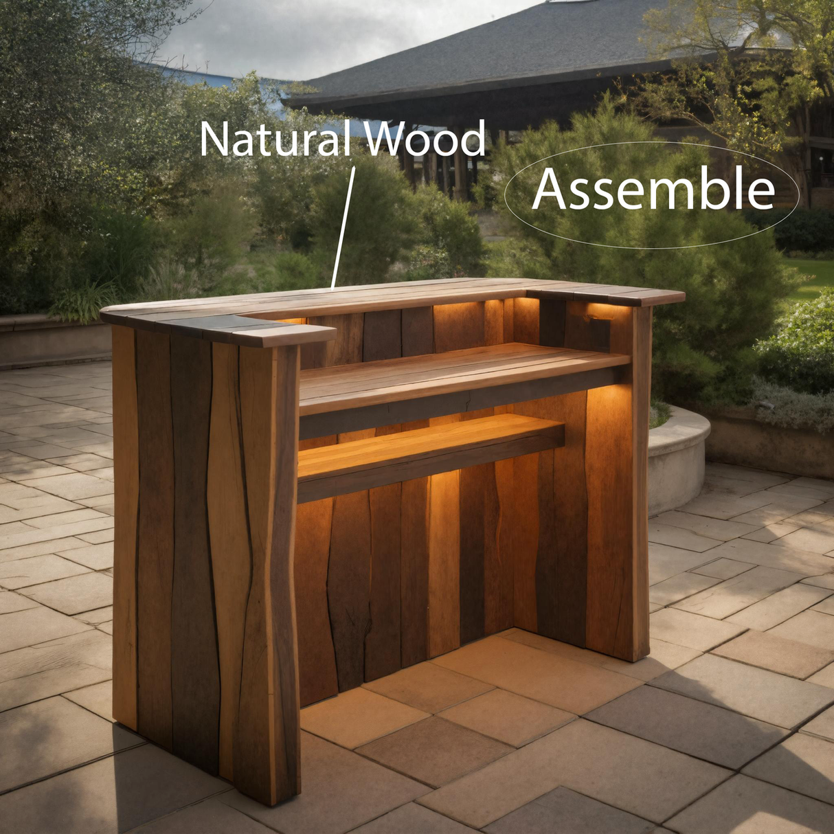 Rustic Live Edge Bar Counter With Lighting For Patio