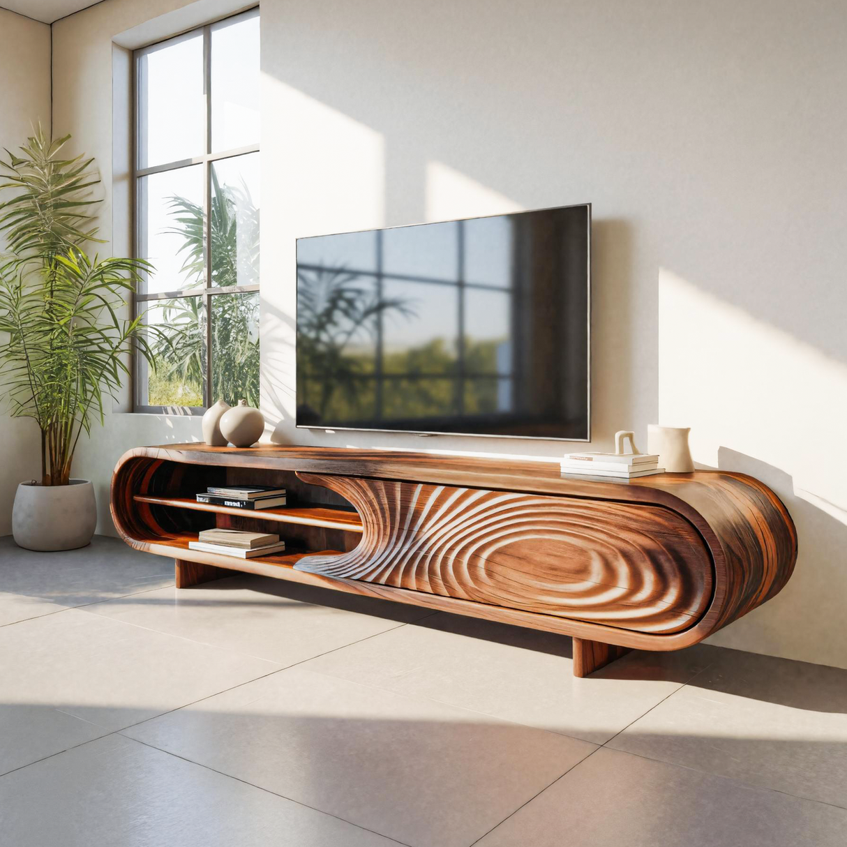 Modern Sculptural Wood TV Stand With Carved Door For Living Room