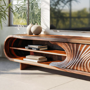 Modern Sculptural Wood TV Stand With Carved Door For Living Room