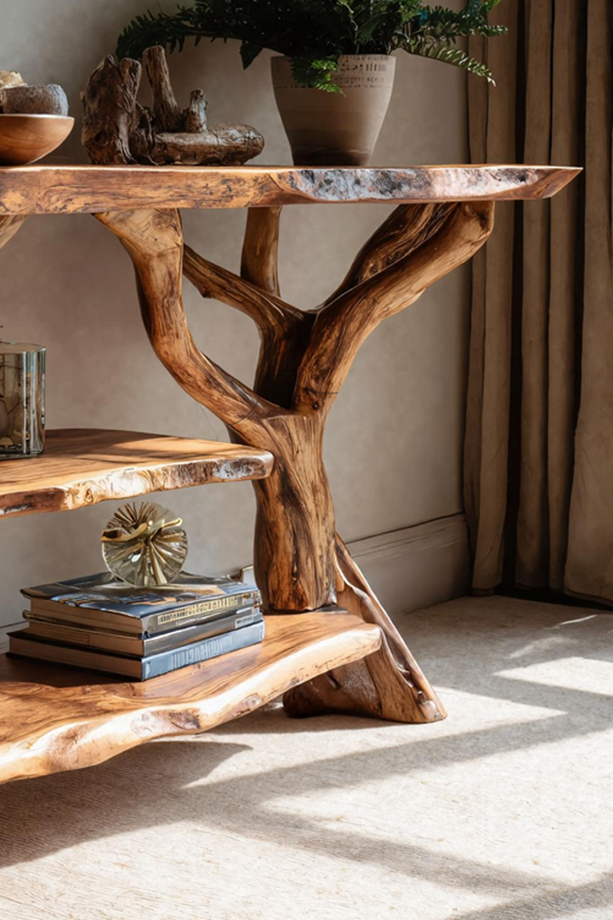 Mid Century Wooden Live Edge Console Table For Modern Furniture Decor