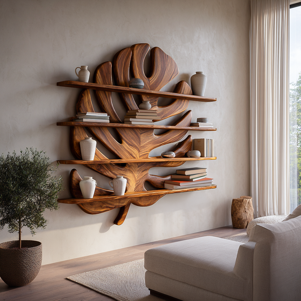 Modern Wooden Tropical Monstera Leaf Floating Bookshelf For Office