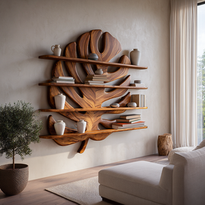 Modern Wooden Tropical Monstera Leaf Floating Bookshelf For Office