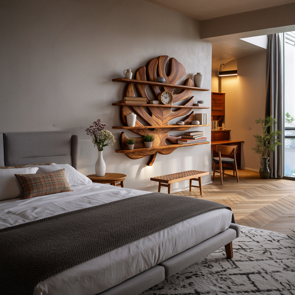 Modern Wooden Tropical Monstera Leaf Floating Bookshelf For Office
