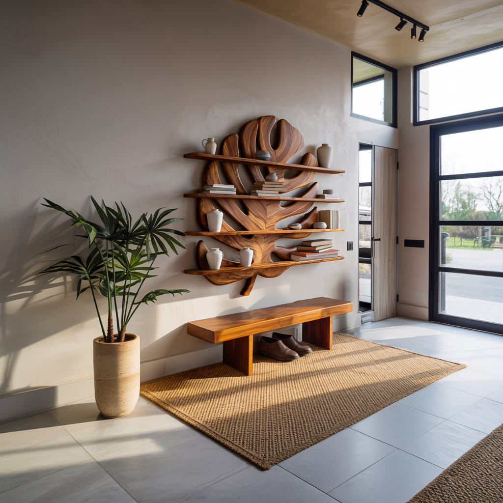 Modern Wooden Tropical Monstera Leaf Floating Bookshelf For Office
