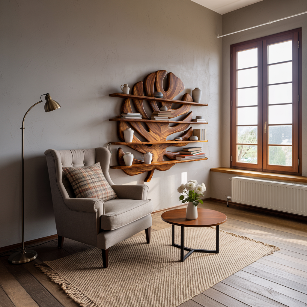 Modern Wooden Tropical Monstera Leaf Floating Bookshelf For Office