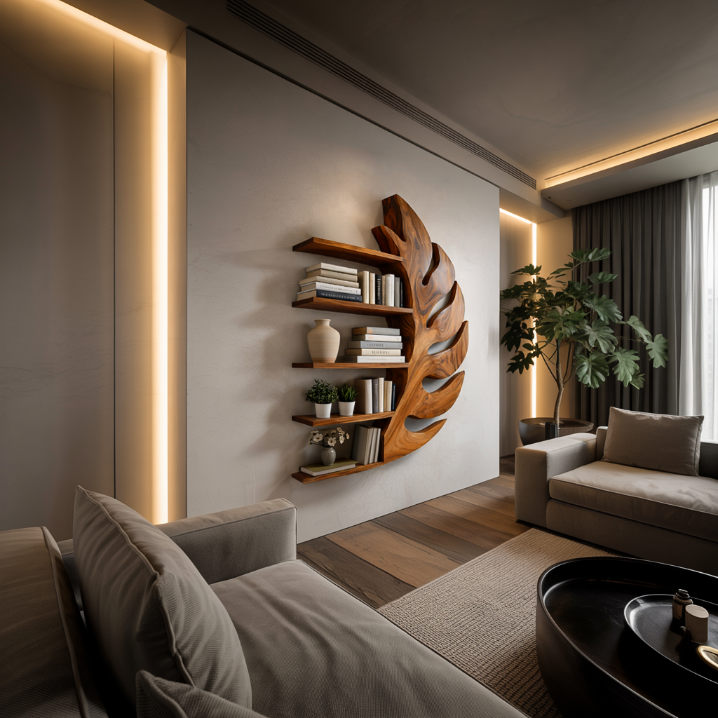 Contemporary Wooden Leaf Shape Floating Bookshelf For Home Decor