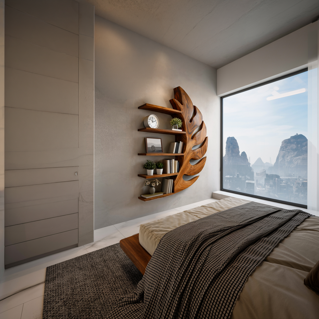 Contemporary Wooden Leaf Shape Floating Bookshelf For Home Decor