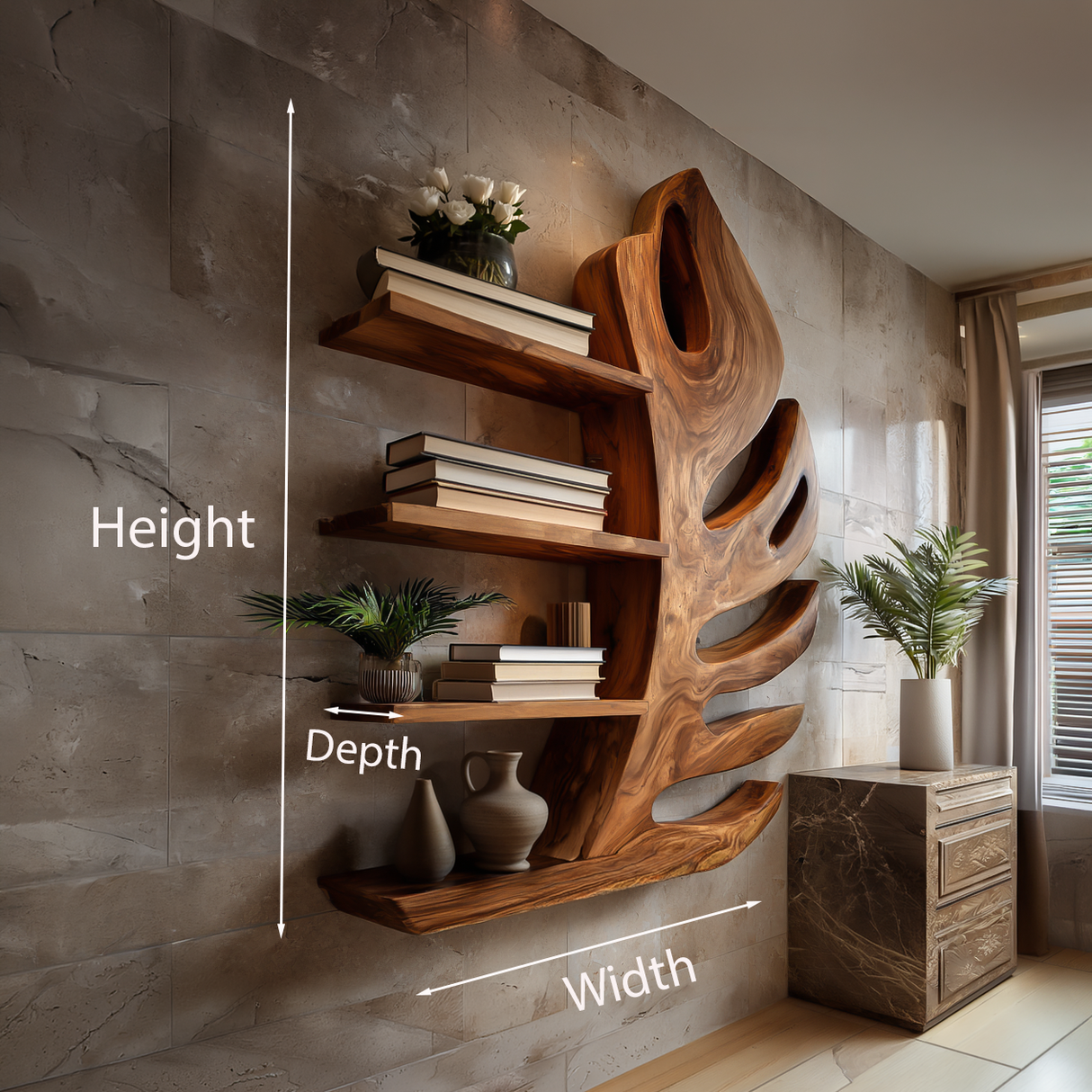 Organic Wooden Botanical Leaf Floating Bookshelf For Living Furniture