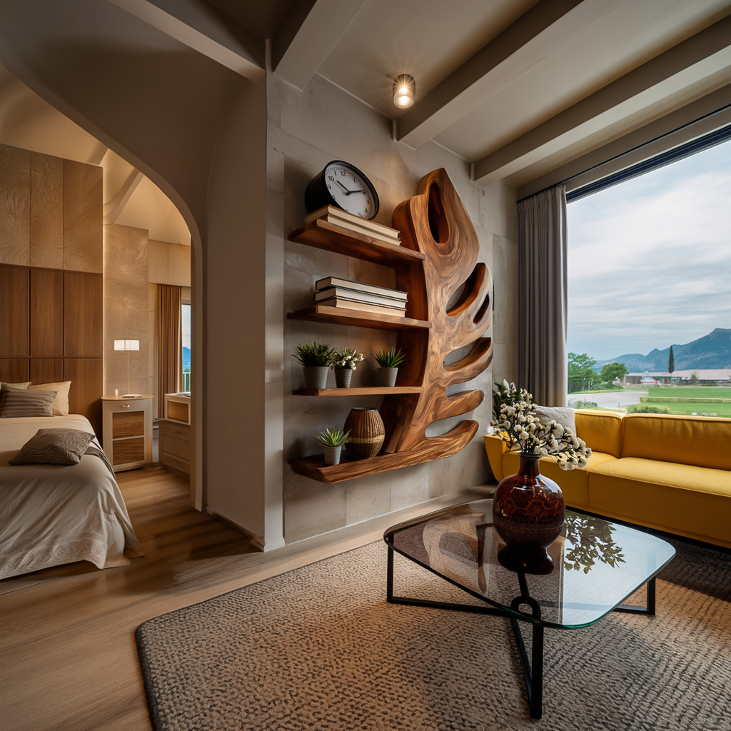 Organic Wooden Botanical Leaf Floating Bookshelf For Living Furniture