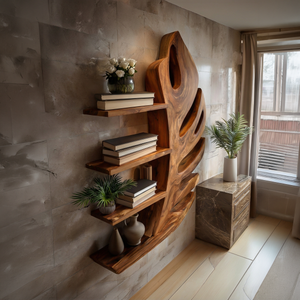 Organic Wooden Botanical Leaf Floating Bookshelf For Living Furniture
