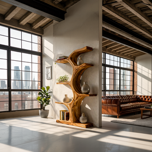 Organic Wooden Bookshelf With Branch Form For Living Room