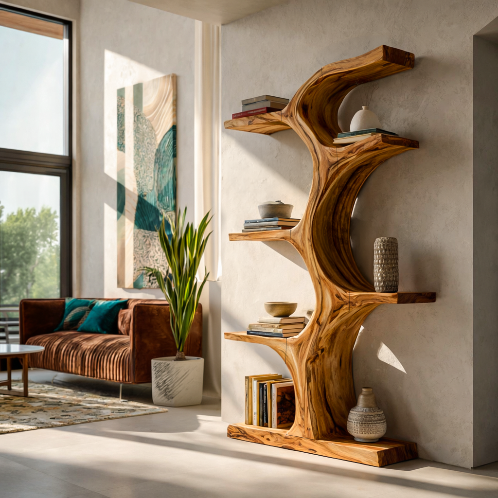 Organic Wooden Bookshelf With Branch Form For Living Room