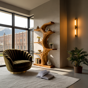 Organic Wooden Bookshelf With Branch Form For Living Room