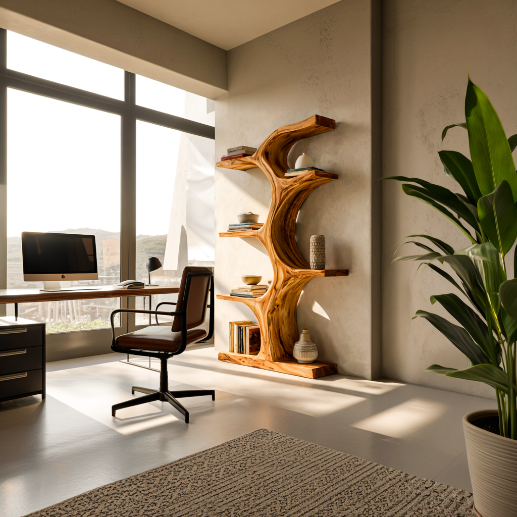 Organic Wooden Bookshelf With Branch Form For Living Room
