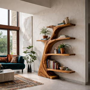 Rustic Wooden Curved Bookshelf Tree Design For Living Room